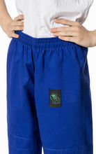 Load image into Gallery viewer, Blue judo pants with a green logo patch on a white background
