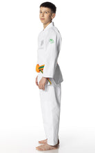 Load image into Gallery viewer, Kid wearing a white Judo uniform with colorful designs on a white background
