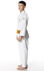 Kid wearing a white Judo uniform with colorful designs on a white background